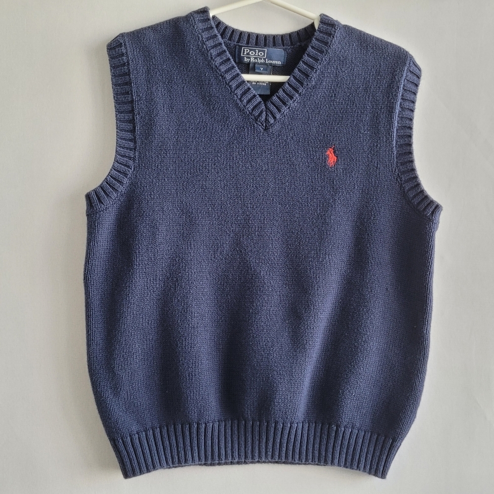 Polo Ralph Lauren Sweater Vest Boy 7 Navy Cotton Preppy Classic Grandpa Red Pony
